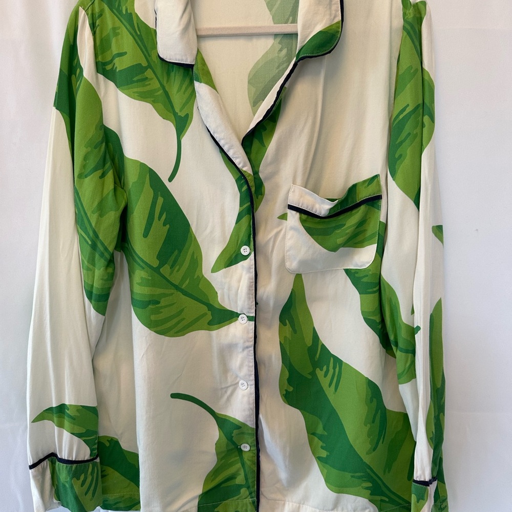 Katie Kime Banana Leaf Tropical Print Button Down Sleep Shirt